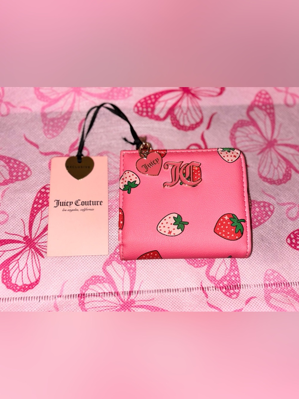 Juicy Couture Pink Strawberry Card Holder with Gold Heart Charm NWT